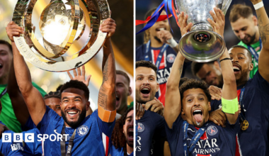 Split image of Chelsea's Reece James lifting the Club World Cup trophy in 2025 and Marquinhos of Paris St-Germain lifting the Champions League trophy