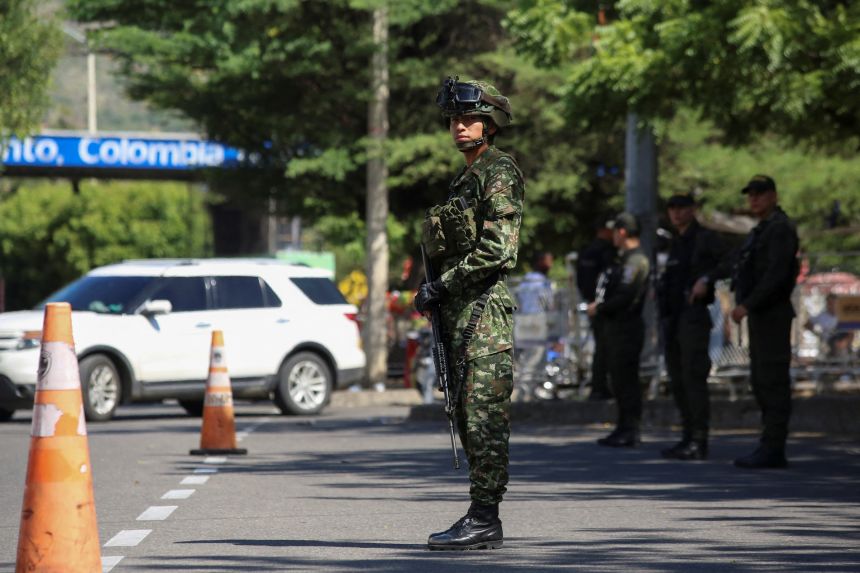 Colombian soldiers near the Simon Bolivar border bridge with Venezuela after President Gustavo Petro ordered a military reinforcement to combat organized crime, August 29, 2025.