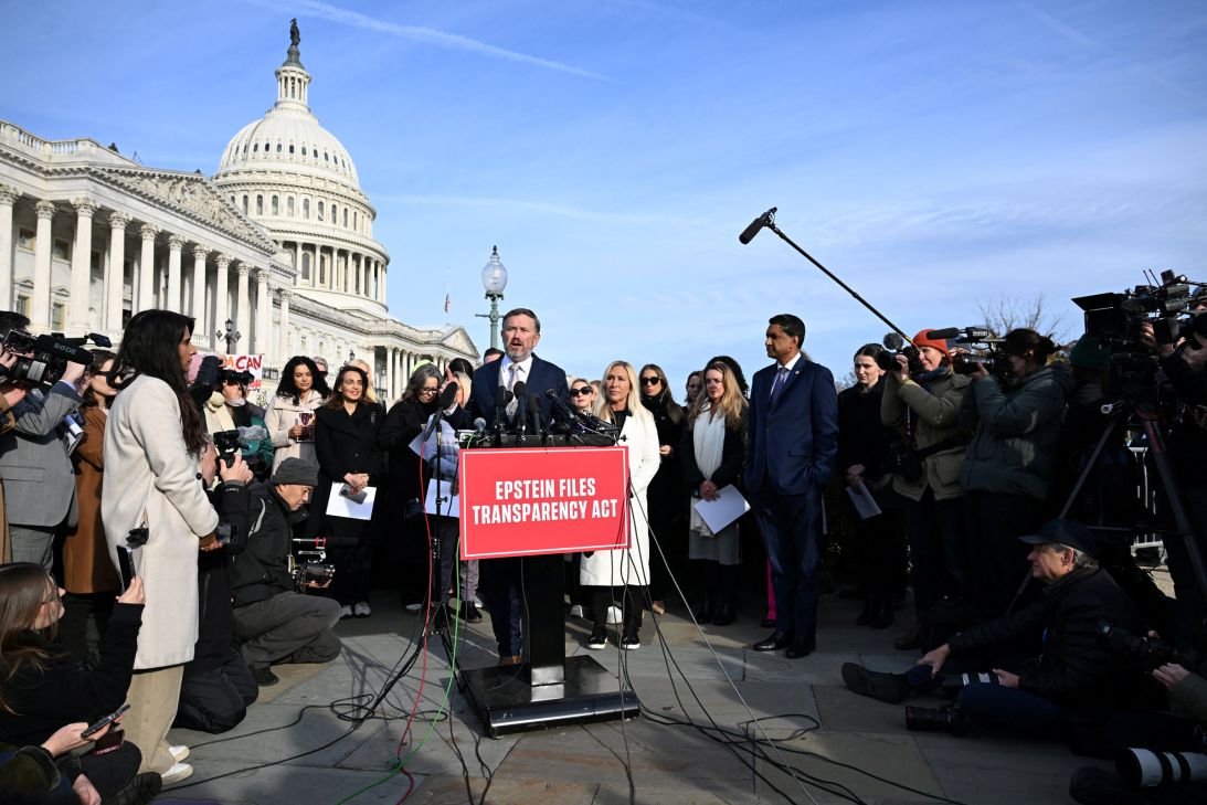 US Representative Thomas Massie speaks during a press conference on the Epstein Files Transparency Act ahead of a House vote on the release of files related to the late convicted sex offender Jeffrey Epstein, on Capitol Hill in Washington, DC, on November 18, 2025.