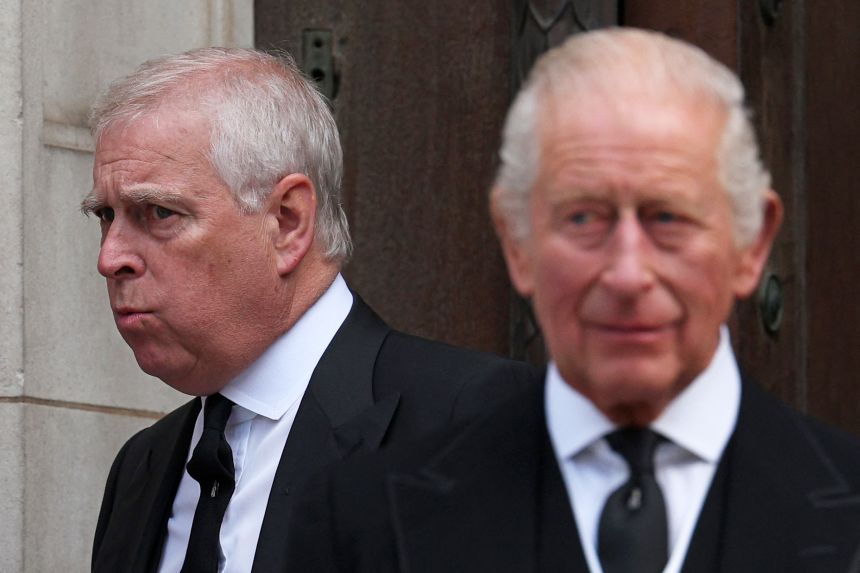 Andrew, left, and Charles leave following a Requiem Mass, a Catholic funeral service, for the late Katharine, Duchess of Kent, at Westminster Cathedral in London on September 16, 2025.