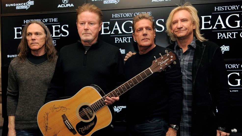 Members of The Eagles, from left, Timothy B. Schmit, Don Henley, Glenn Frey and Joe Walsh pose with an autographed guitar after a news conference at the Sundance Film Festival, Jan. 19, 2013, in Park City, Utah. On Wednesday, Feb. 21, 2024, an unusual criminal trial is set to open over the handwritten lyrics to the band's classic rock blockbuster' âHotel California.â (Photo by Chris Pizzello/Invision/AP, File)