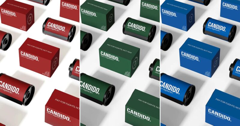 Three panels show film canisters and boxes labeled "CANDIDO." The left panel is red, the middle is green, and the right is blue. All items are arranged diagonally on a white background.