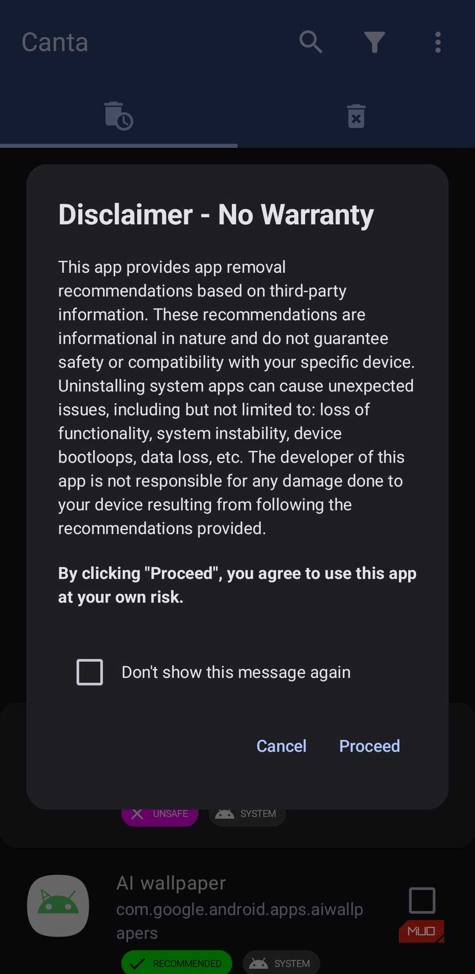 Canta app warning on Android phone