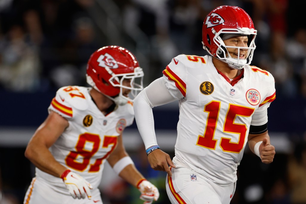 Kansas City Chiefs quarterback Patrick Mahomes (15) celebrates a touchdown.