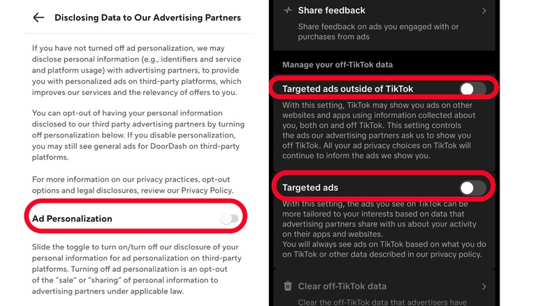 In-app data collection settings for DoorDash and TikTok