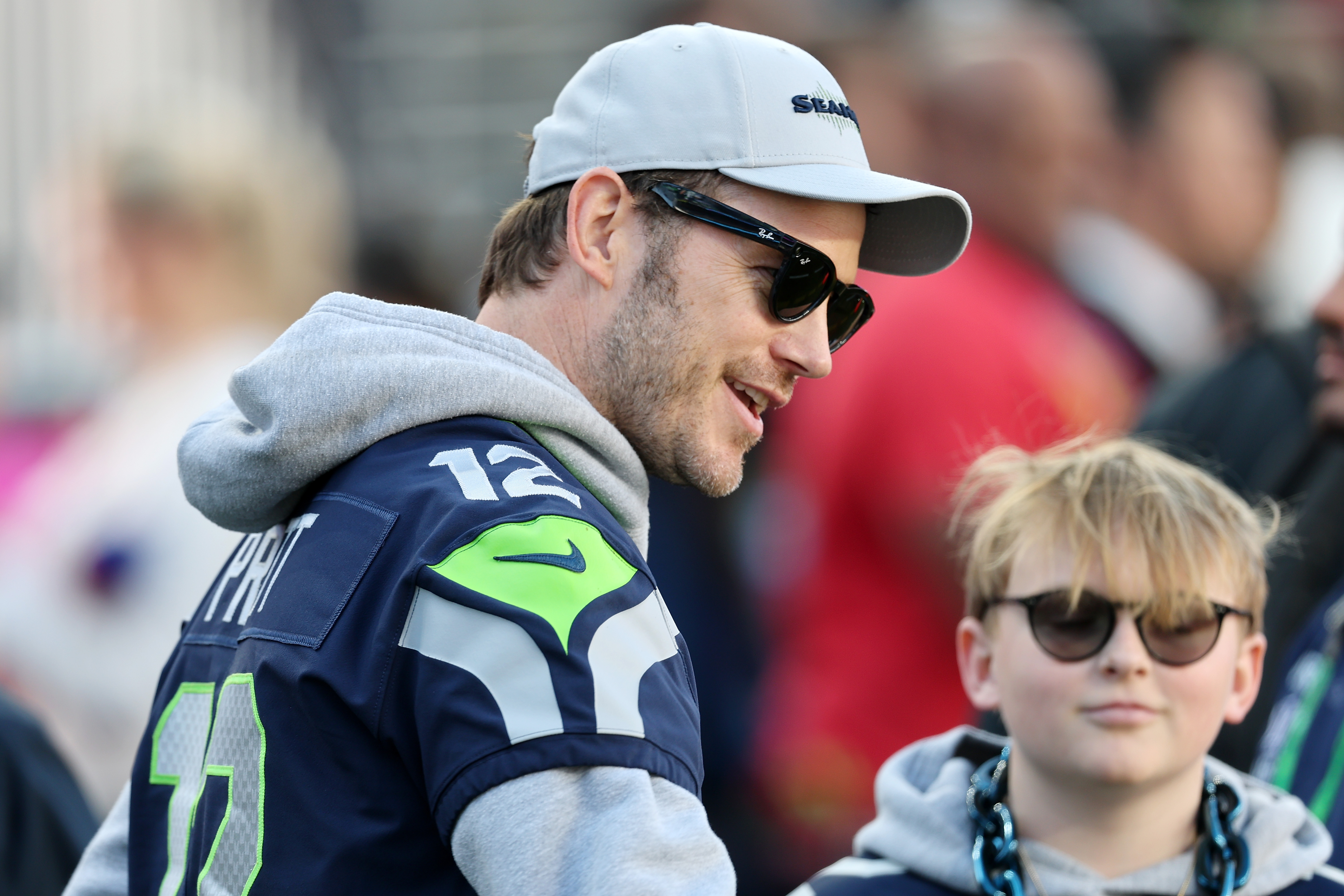 Chris Pratt on the field prior to Super Bowl LX between the New England Patriots and the Seattle Seahawks at Levi's Stadium on February 08, 2026 in Santa Clara, California.