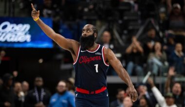 Los Angeles Clippers guard James Harden (1) gestures after scoring a basket during the first half of an NBA basketball game against the Phoenix Suns, Friday, Oct. 24, 2025, in Inglewood, Calif. (AP Photo/Kyusung Gong)