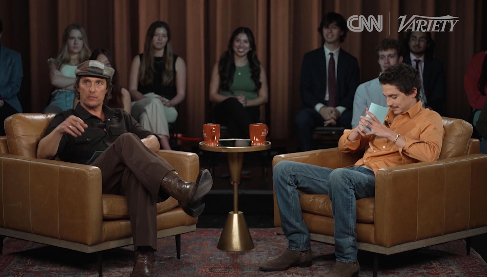 Matthew McConaughey and Timothée Chalamet at a CNN Town Hall.