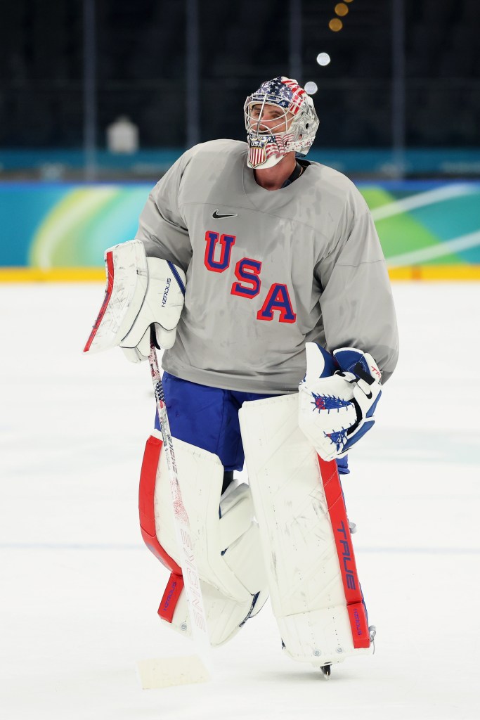 Connor Hellebuyck #37 of Team United States takes part during training on day two of the Milano Cortina 2026 Winter Olympic games at Milano Santagiulia Ice Hockey Arena on February 08, 2026 in Milan, Italy. 