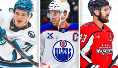 Tom Wilson skates on a line with Connor McDavid and Macklin Celebrini during Team Canada’s first Olympic practice