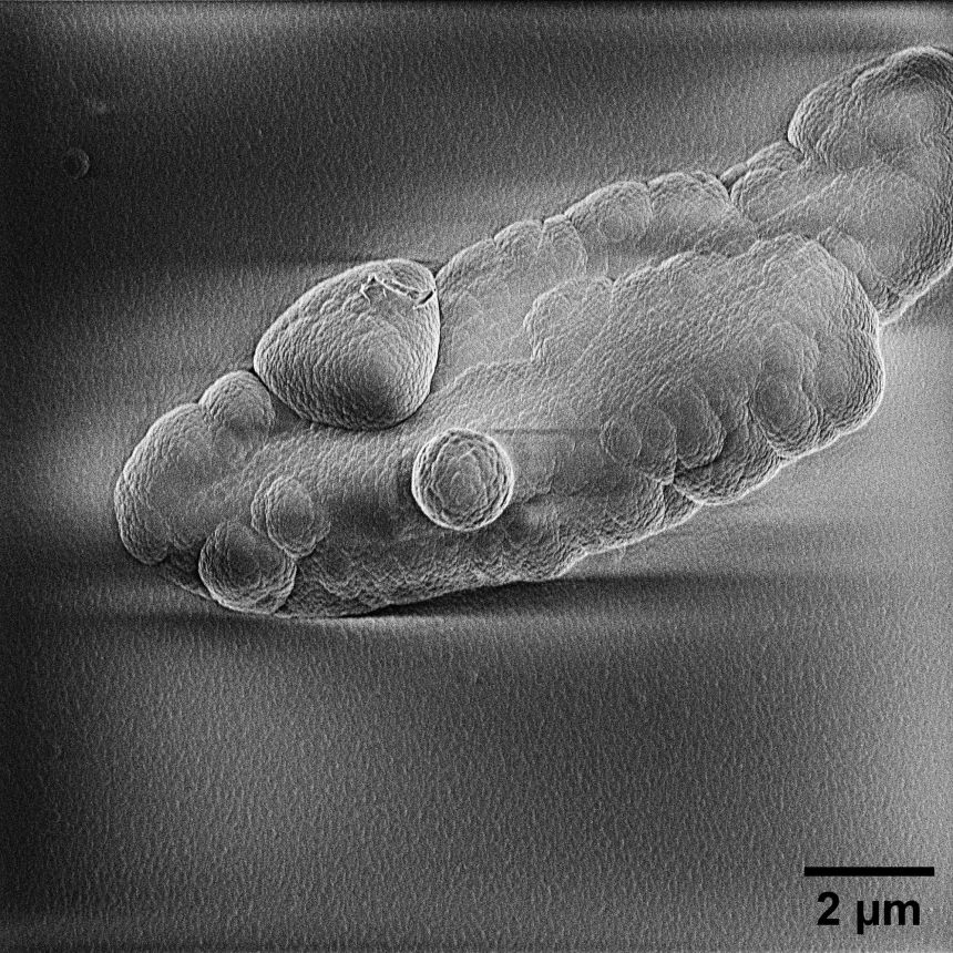 Cosmic dust made in a lab is pictured as it appears under a microscope.