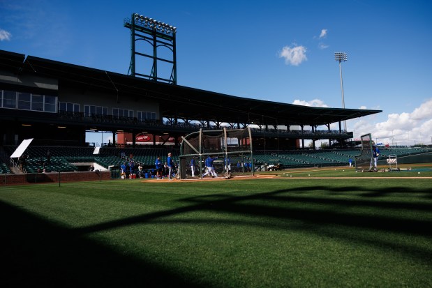 Alex Bregman takes batting practice during spring training at Sloan Park on Tuesday, Feb. 17, 2026, in Mesa, Ariz. (Armando L. Sanchez/Chicago Tribune)