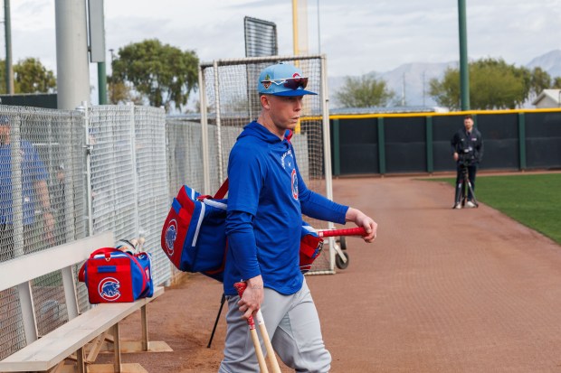 Cubs center fielder Pete Crow-Armstrong walks to a practice field at spring training on Feb. 18, 2026, at Sloan Park in Mesa, Ariz. (Armando L. Sanchez/Chicago Tribune)