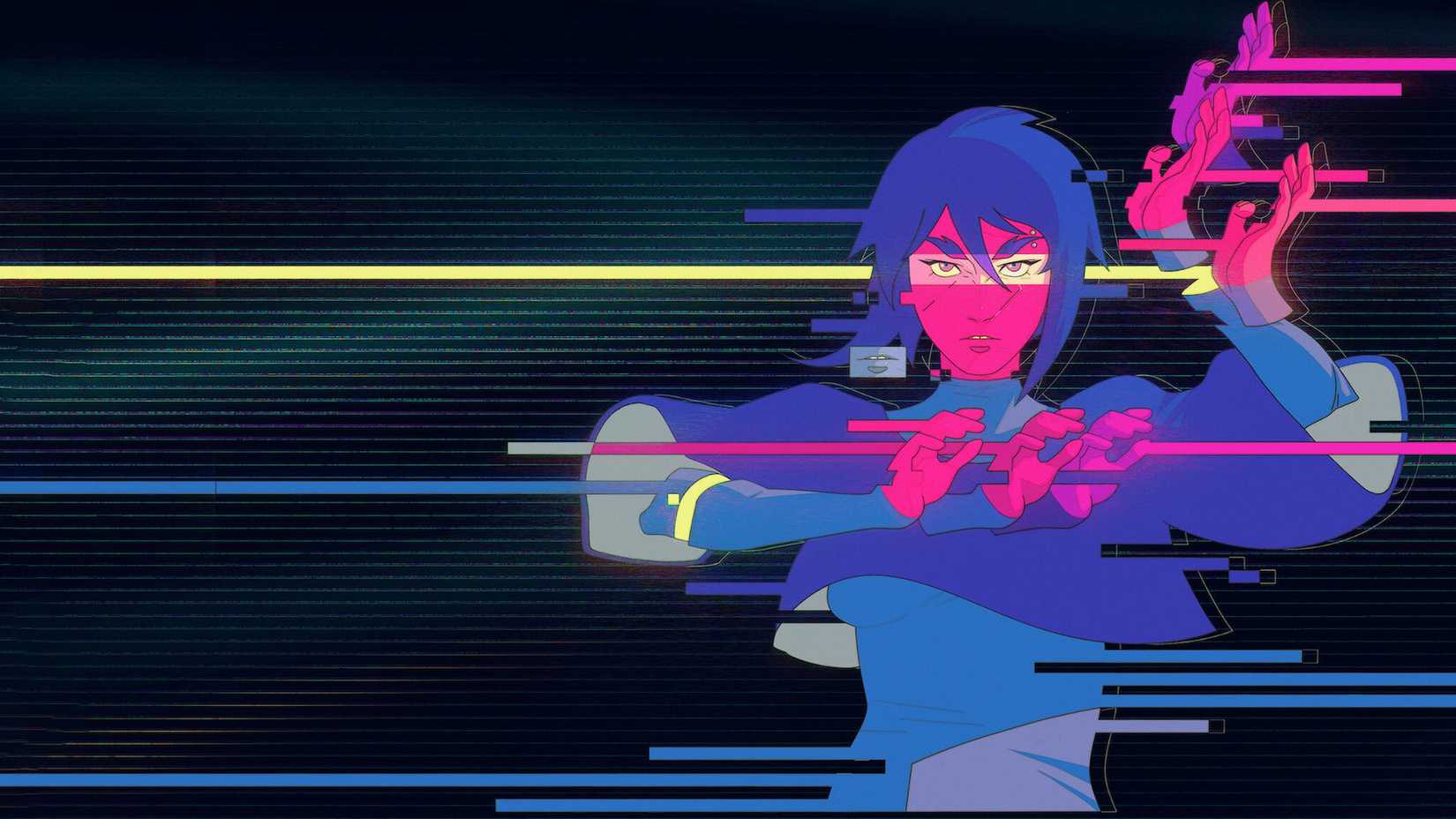 A glitchy multicolor figure in the cyberpunk series Pantheon.