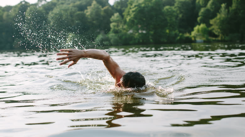 Young man swimming in a lake