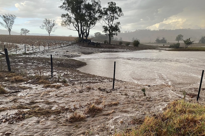 Water rushes into a dam across brown paddocks.