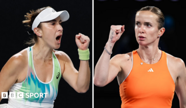 A split image of Belinda Bencic and Elina Svitolina celebrating during the Australian Open
