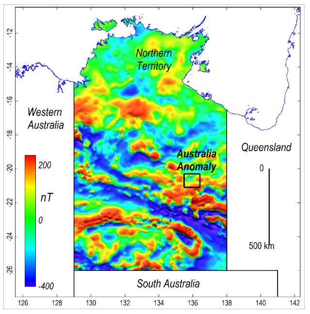 Map showing the location of the Australia Magnetic Anomaly in Australia.