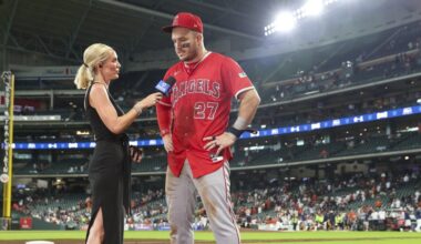 HOUSTON, TX - AUGUST 31:  Fan Duel reporter Erica Weston interviews Los Angeles Angels designated hitter Mike Trout (27) after the MLB game between the Los Angeles Angels and Houston Astros on August 31, 2025 at Daikin Park in Houston, Texas.  (Photo by Leslie Plaza Johnson/Icon Sportswire)