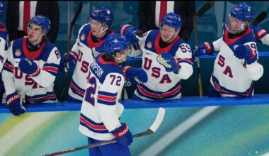 Tage Thompson scores a goal before leaving Team USA's semifinal victory with an injury