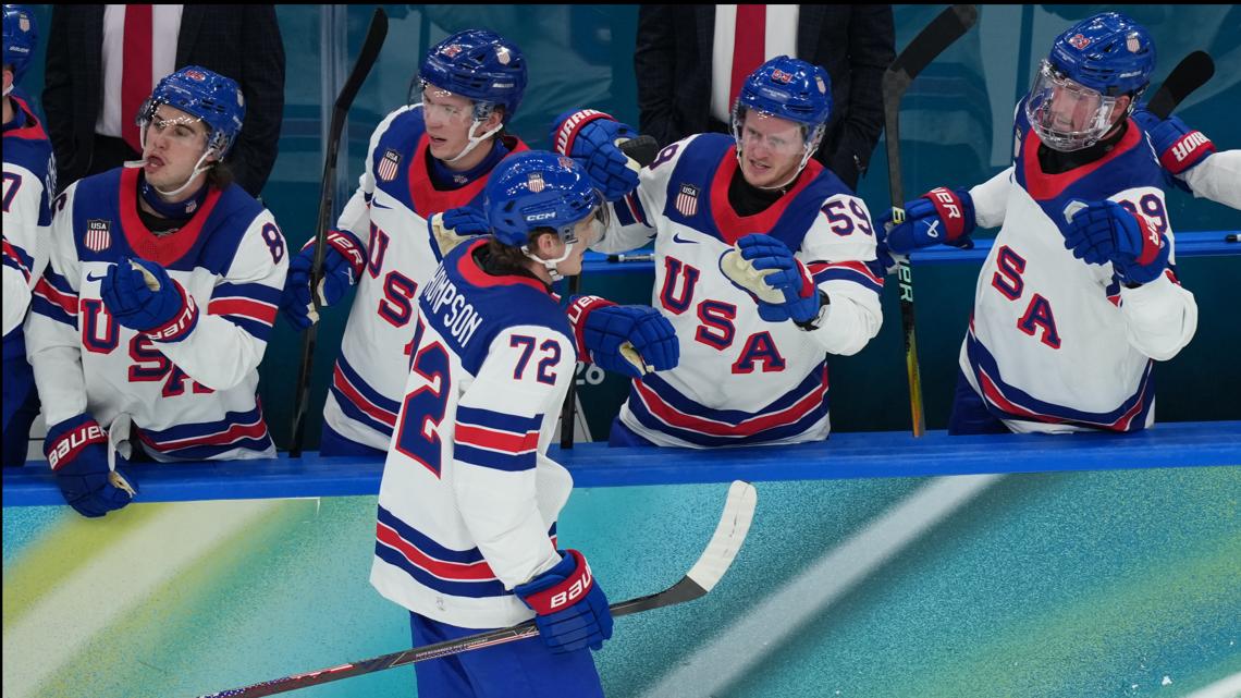 Tage Thompson scores a goal before leaving Team USA's semifinal victory with an injury