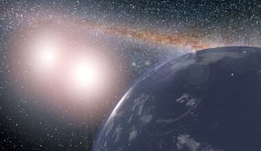 An illustration of a planet that looks like Earth, and it has twin sunds.