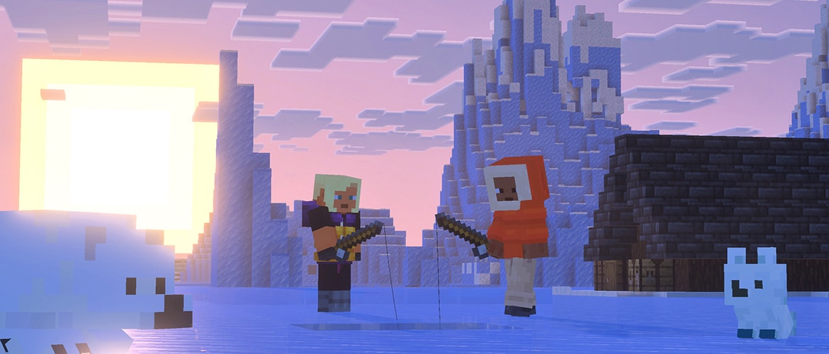 Baby polar bears and foxes with a new look! Players are fishing on ice in the background.