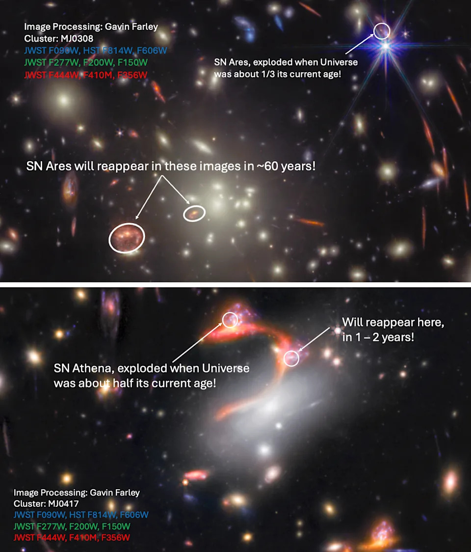 Two images of a gravitationally lensed galaxy, with two bright supernovas appearing at different locations 