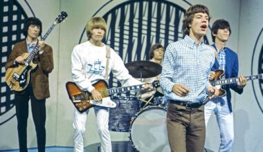 English rock group The Rolling Stones perform on the set of the ABC Television pop music television show Thank Your Lucky Stars at Alpha Television Studios in Birmingham, England on 30th January 1965. The band would play three songs on the show, Down Home Girl, Under the Boardwalk and Susie Q. Members of the group are, from left, Bill Wyman, Brian Jones (playing Gibson Firebird guitar), Charlie Watts, Mick Jagger and Keith Richards (playing Epiphone guitar).