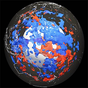 Using a new model, researchers uncover zones in the Earth’s lower mantle where seismic waves travel slower (red) or faster (blue). The large blue zone in the western Pacific (right above the center of the image) was previously unknown. Credit: Sebastian Noe / ETH Zurich