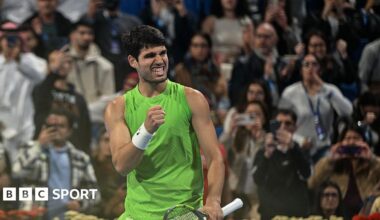 Carlos Alcaraz celebrates beating Arthur Rinderknech at the Qatar Open