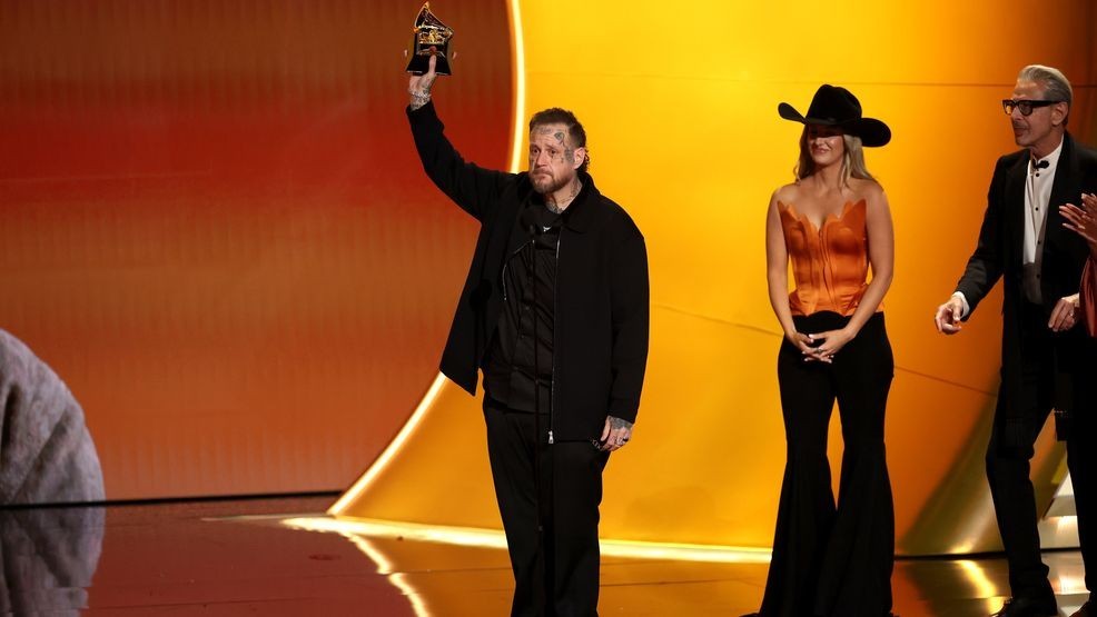 LOS ANGELES, CALIFORNIA - FEBRUARY 01: Jelly Roll accepts the Best Contemporary Country Album award for "Beautifully Broken" onstage during the 68th GRAMMY Awards at Crypto.com Arena on February 01, 2026 in Los Angeles, California. (Photo by Frazer Harrison/Getty Images)