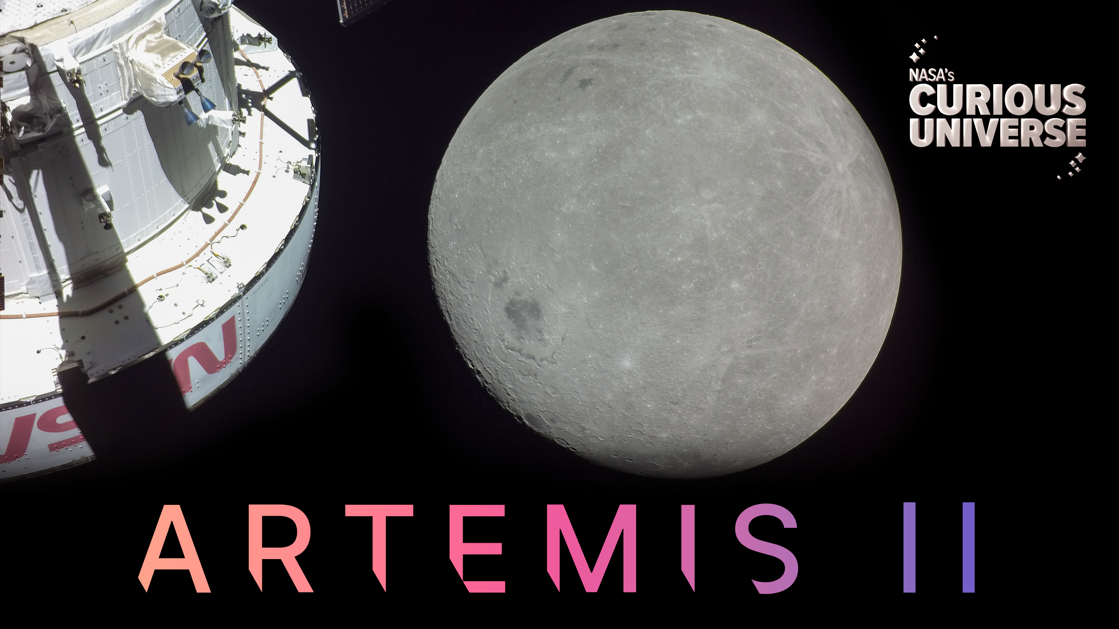 Episode cover art for Curious Universe's Artemis II series, episode 4. The text Artemis II is visible on a black background below the full lunar disk in grey and the Orion spacecraft from Artemis I on the left.