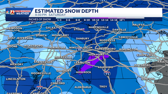 estimated snow depth after the snowstorm in using the nam model for north carolina and virgini