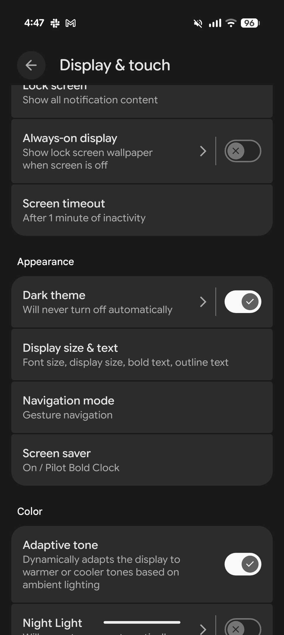 Display and touch settings page with dark theme active