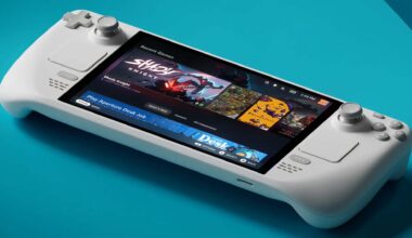 A Steam Deck sits on a table.