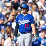 Feb 21, 2026; Tempe, Arizona, USA; Los Angeles Dodgers designated hitter Shohei Ohtani against the Los Angeles Angels during a spring training game at Tempe Diablo Stadium. Mandatory Credit: Mark J. Rebilas-Imagn Images