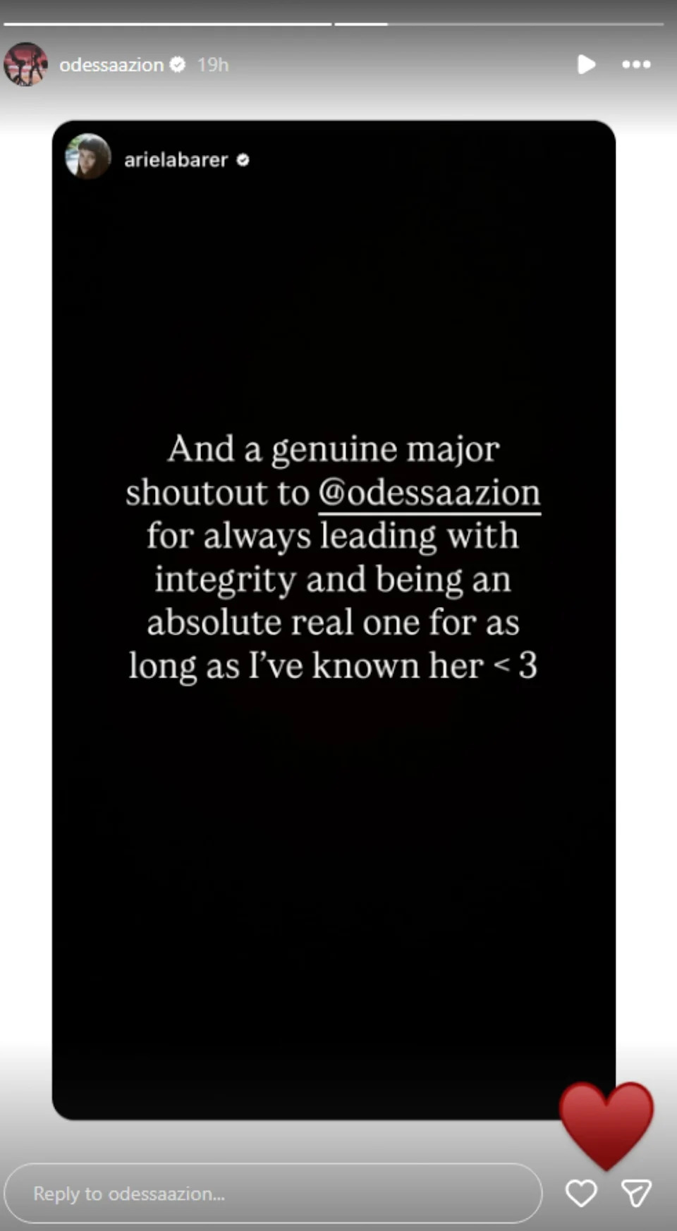 Odessa A'zion responding with a heart to Ariela Barer thanking her for 