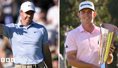 Rory McIlroy celebrates and Jacob Bridgeman holds the trophy at the Genesis Invitational