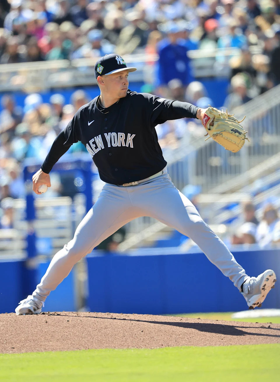 Feb 24, 2026; Dunedin, Florida, USA; New York Yankees starting pitcher Will Warren (98) throws a pitch during the first inning against the Toronto Blue Jays at TD Ballpark. Mandatory Credit: Kim Klement Neitzel-Imagn Images