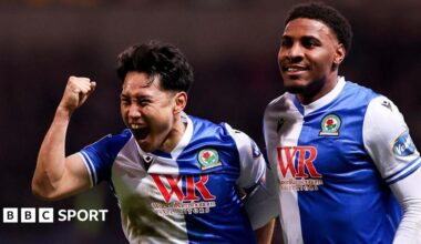 Ryoya Morishita and Oladapo Afolayan celebrate after Blackburn Rovers beat Preston North End