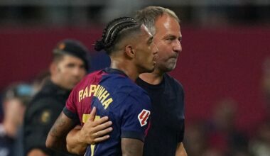 Raphinha and Hansi Flick of FC Barcelona