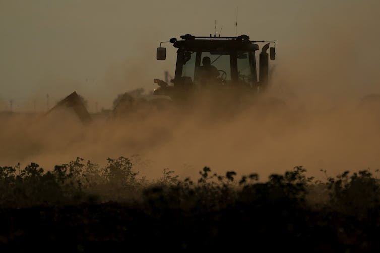 Dust flies up around a combine in a field.