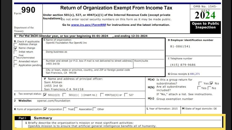 This is the top of the front page of the 2024 990 form for OpenAI, with its mission stated at the bottom of the screenshot.