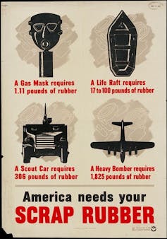 A post reading: America needs your scrap rubber and noting uses, such as a heavy bomber needs 1,825 pounds of rubber.