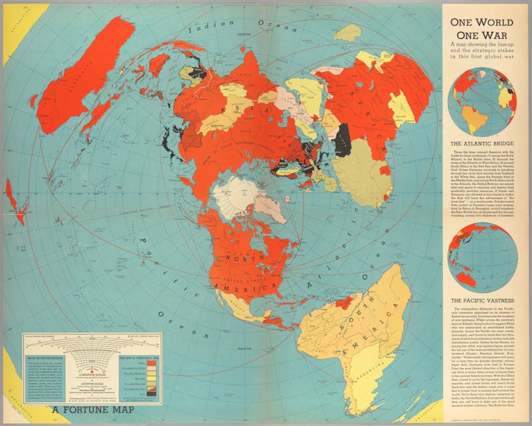 A 1942 map of the world at war and which countries were on which side.