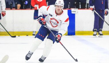 Connor McMichael and Charlie Lindgren skate at first Capitals practice since start of NHL’s Olympic break