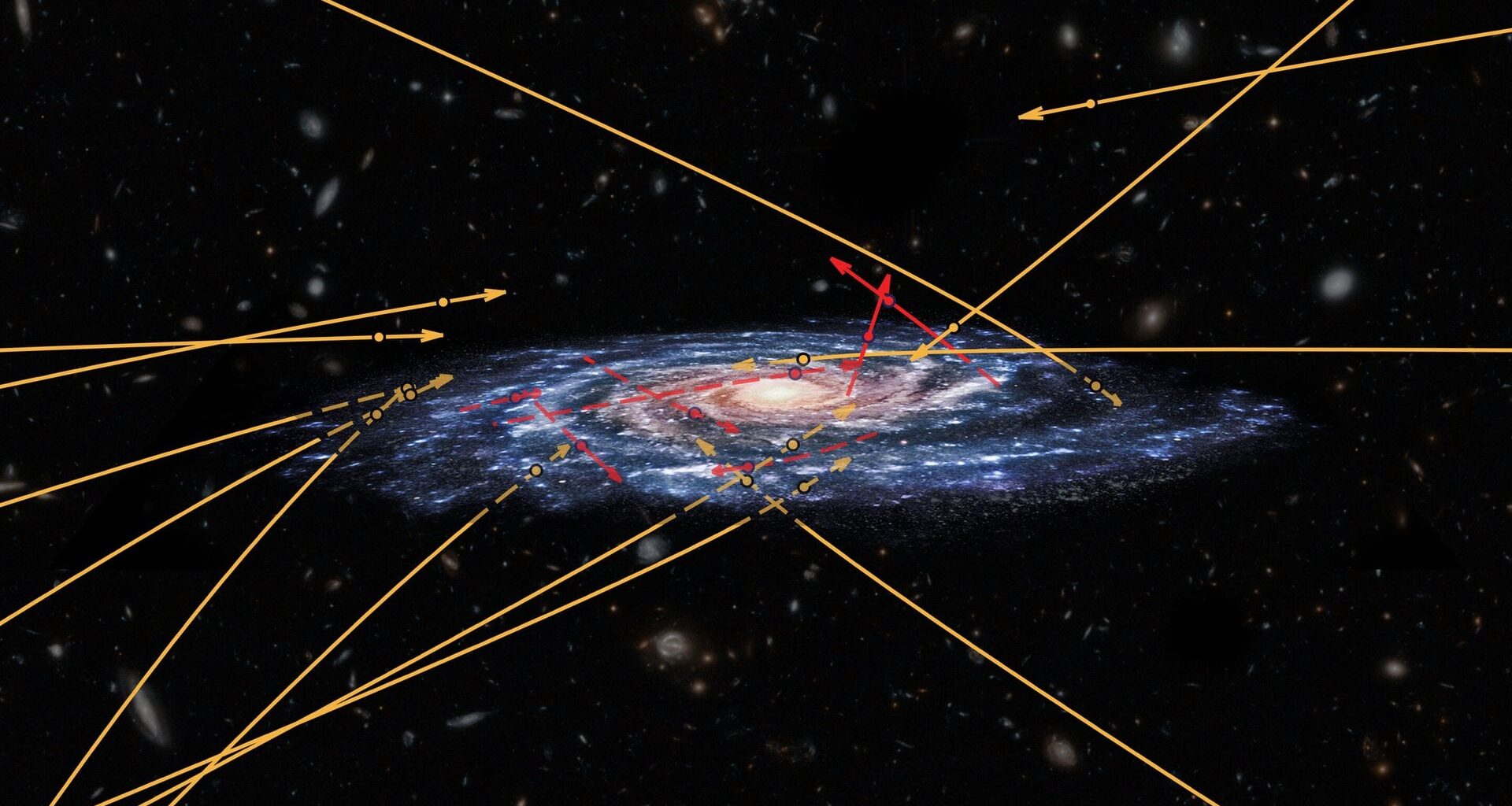 The positions and trajectories of 20 hypervelocity stars as reconstructed from data acquired by the Gaia satellite, overlaid on top of an artistic view of the Milky Way. Credit: ESA/Marchetti et al 2018/NASA/ESA/Hubble