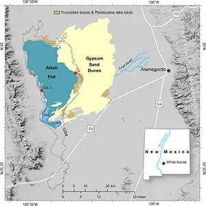 The northern Tularosa Basin showing the area of the White Sands (“Gypsum Sand Dunes”), the Alkali Fat deflation basin, modern Lake Lucero, and present-day Lost River, which drains southwest across the distal piedmont until it is buried by the gypsum dunes (see also fig. S4). The 1204-m contour line approximates the proposed extent of paleolake Otero (15). It was likely more extensive given the >4 m of lake beds at “G.” The two field areas (red dots) are as follows: “G” is the area of Gypsum Overlook, the Central study area, and WHSA Locality 2; “Loc 1” is a stratigraphic section along the west margin of Alkali Flat. The brown pattern at G is the area of exposures of deposits linked to paleolake Otero and overlain by truncated Holocene dunes (31). The inset shows the location of the White Sands and the Tularosa Basin within New Mexico [based on figure 1 in (31)]. Image credit: X. Gong and A. Cowart, University of Wisconsin Cartography Lab.