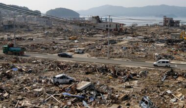 Devastated buildings along the shoreline
